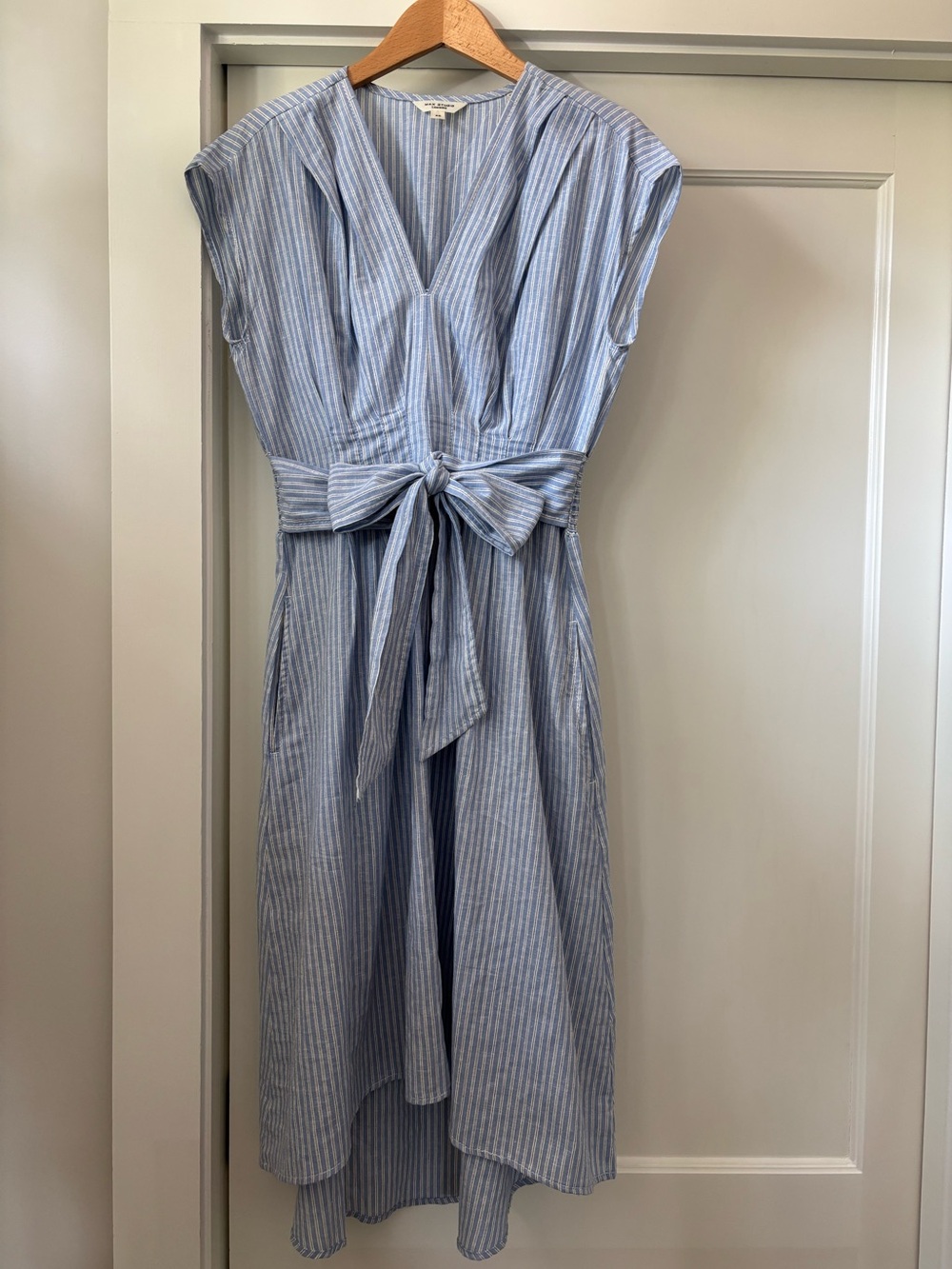 Max Studio London Blue Striped Linen Smocked Waist Maxi Dress XS